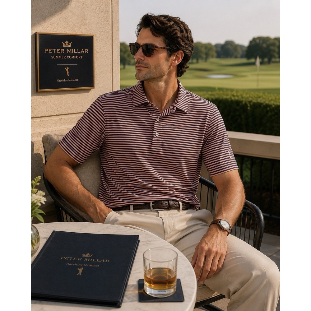 PETER MILLAR Summer Comfort Men's XL Striped Polo Shirt HAZELTINE NATIONAL Logo